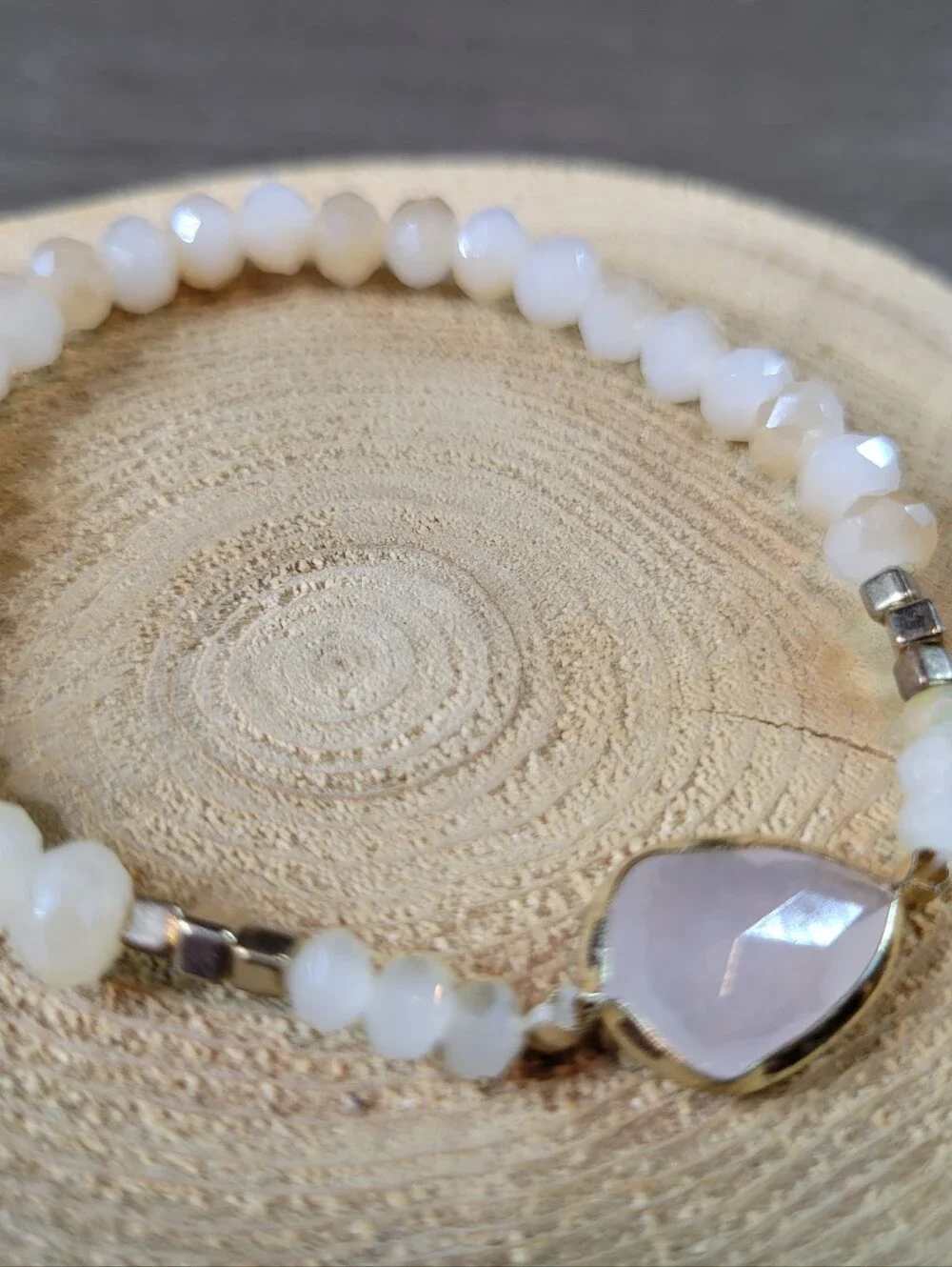 Handmade Peach & White Opal Glass Beaded Stretch Bracelet - One Size Fits Most